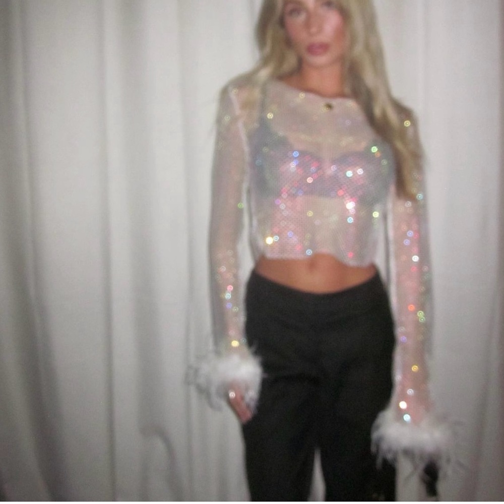 white fox sequin crop top
